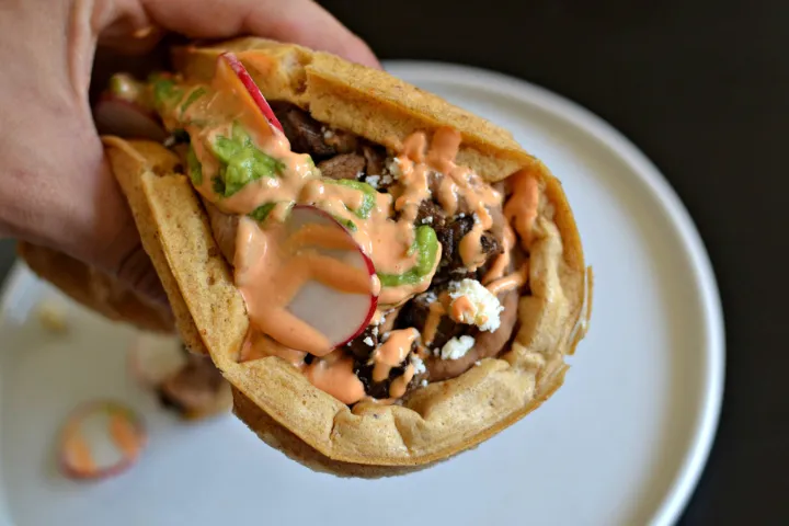 CARNE ASADA WAFFLE TOSTADA WITH CHIPOTLE AIOLI